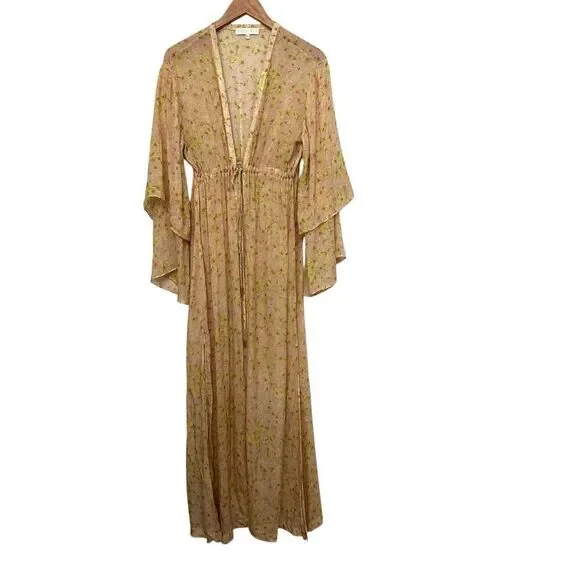 Paloma Blue Kimono Duster Cover Up Robe Maxi 100% Silk Slit Sides M/L - Picture 1 of 9